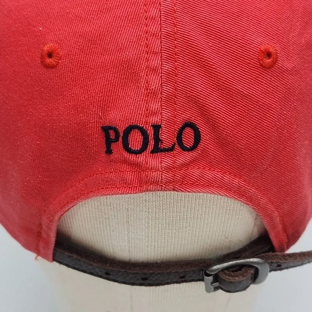 Polo Ralph Lauren Hat Cap Red Adjustable Leather Strap Cotton One Size Vintage